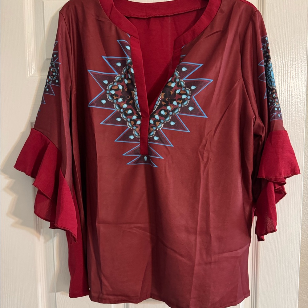 Red Graphic Ruffled Blouse
